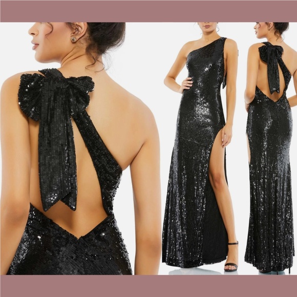 NWT $598 Mac Duggal [ 12 ] Sequined One Shoulder‎ Back Bow Detail Gown Black - Picture 1 of 15